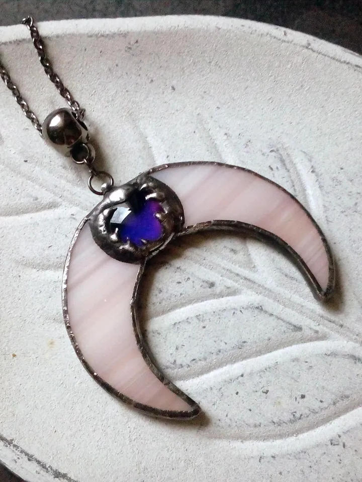 Stained glass moon, Mood stone crescent, Moon phase necklace, Stainglass crescent, Full moon