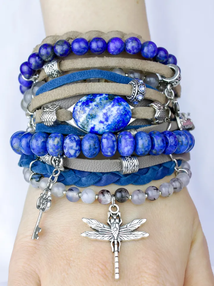 Handmade Unique Wide Leather Boho Bracelet "Azure Dawn"