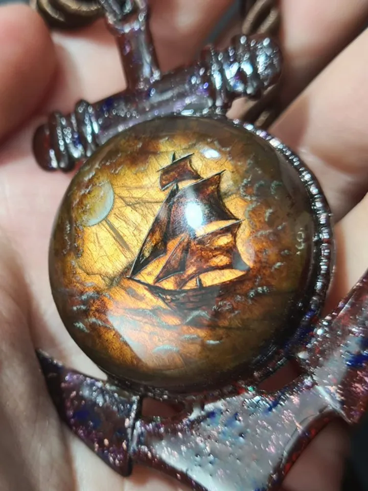 The ship and the moon Labradorite gemstone pendant Miniature painting Necklace