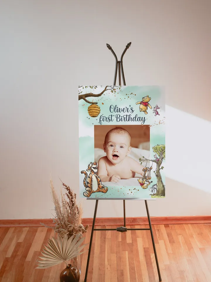Editable Photoframe Board Hundred Acre Wood First Birthday party photoprop; Winnie the Pooh Party; Classic Pooh Party Birthday Download; wp5