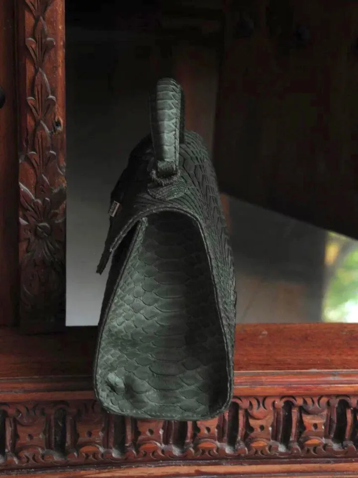 Top handle green khaki classy IDA genuine python skin bag | exotic leather bags | Elegant everyday women purse | snakeskin bag| designer bag