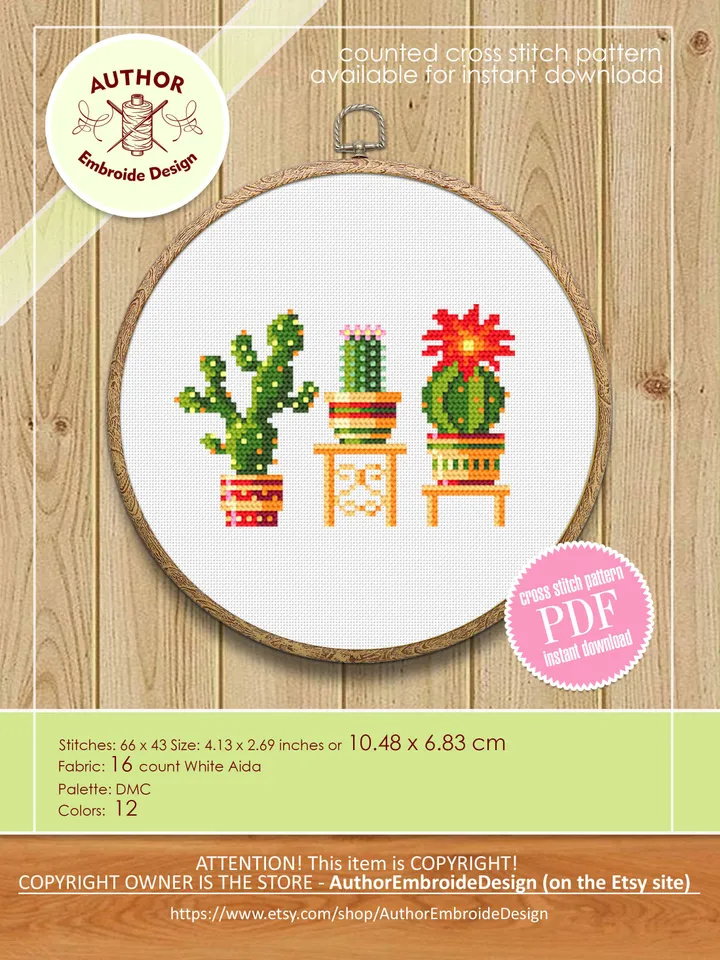 Cactus plant cross stitch pattern download PDF, Floral cross stitch chart, Potted plants embroidery PDF, Easy small cross stitch #P21