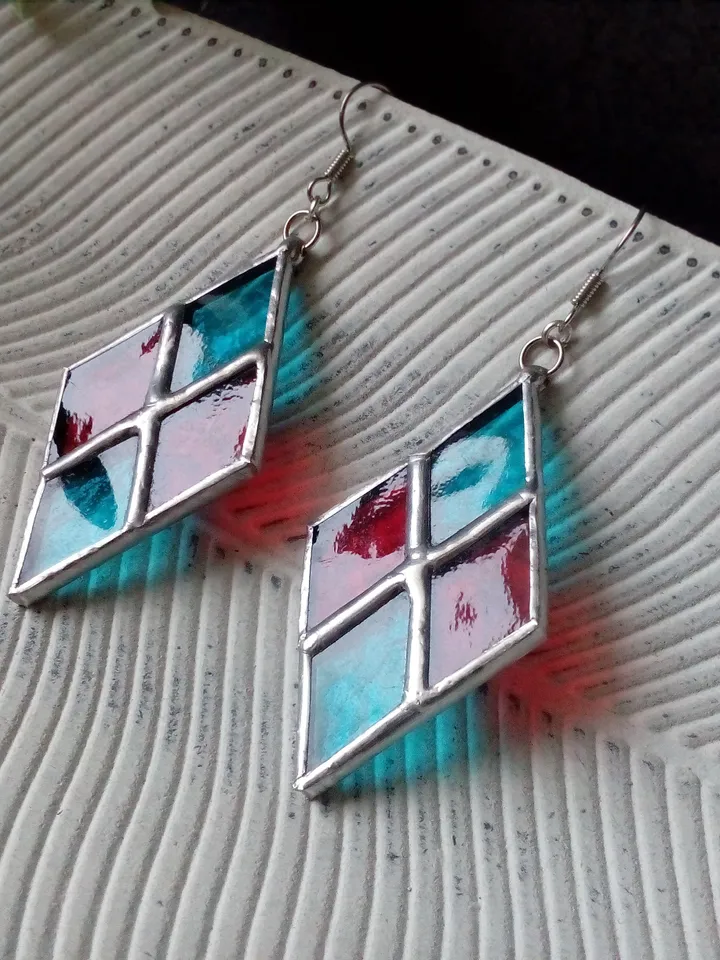 Checkerboard stained glass earrrings - handmade geometric chess plaid earrings