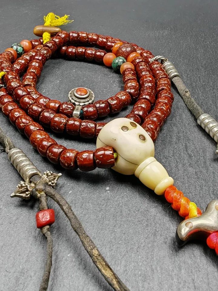 Authentic Tibetan Rudraksha Mala Necklace,Old 8mm 108  Prayer Beads,with Unique Mix of Treasures,Tibetan  Rosary,Spiritual Gift