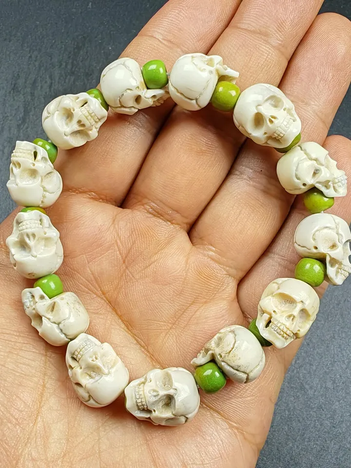 Authentic Tibetan Citipati Skulls Bead Bracelet | Unique White Deer Antler Carved Wrist Mala with Mixed Turquoise