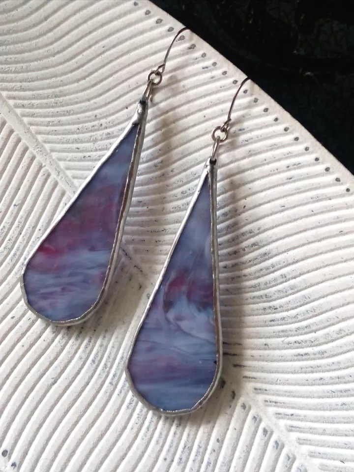Multicolor drop earrings, Dangle  stained glass earrings, pink long earrings, simple stained glass