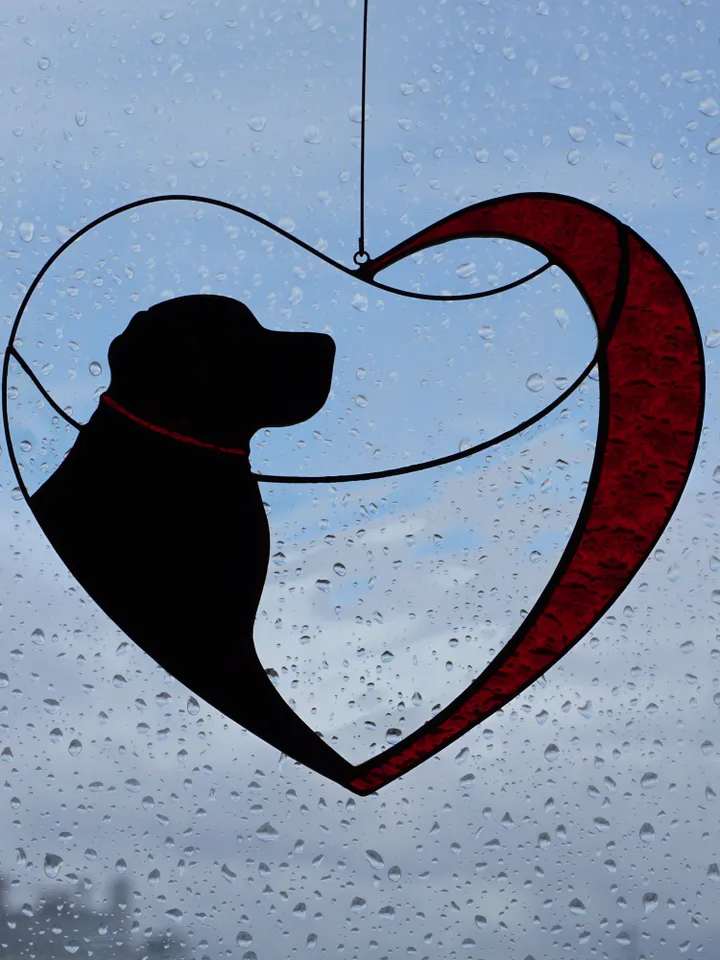 Dog Black Retriever Labrador in Red Heart . Art Stained glass window hanging Suncatcher. Gift for animal lover, pet loss memorial.