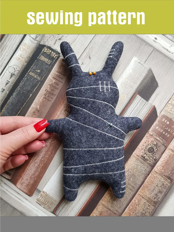 Halloween Doll sewing pattern PDF, Rabbit Mummy, digital tutorial in english, Felt animal diy