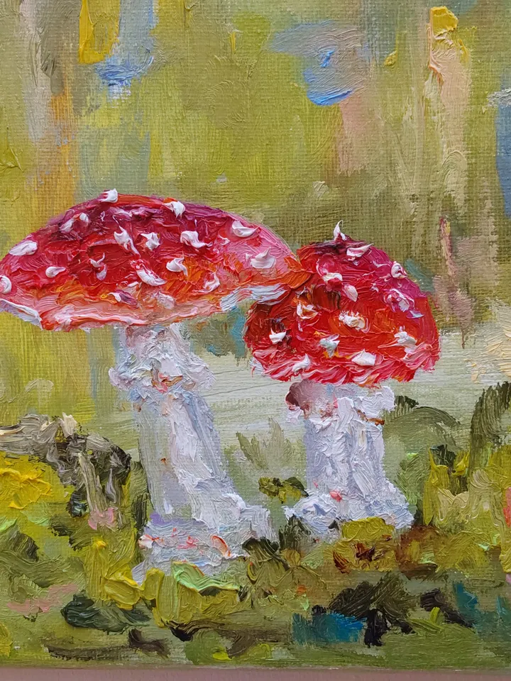 Oil painting on canvas "Mushrooms in the forest" 20x20cm (8x8inch)