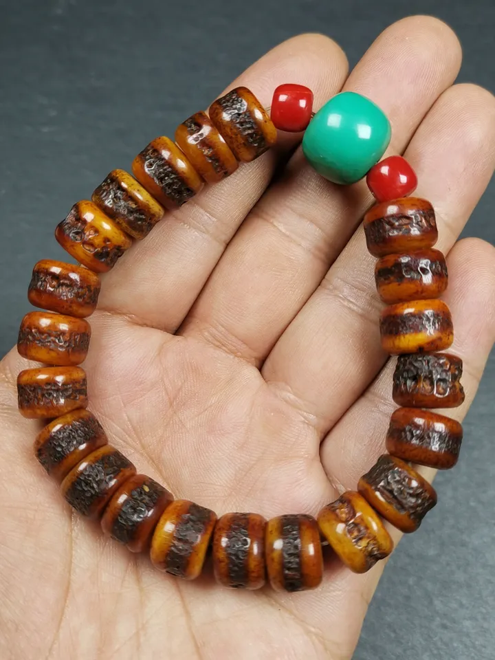 Gandhanra Handmade Tibetan Yak Bone Wrist Mala + Turquoise Bead Bracelet, Hand-carved Amulet Bracelet,for Meditation and Prayer