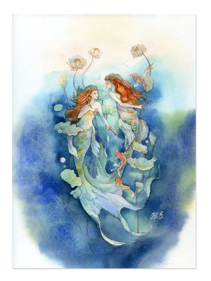 Fantasy art of red-haired twins, Two mermaid sisters