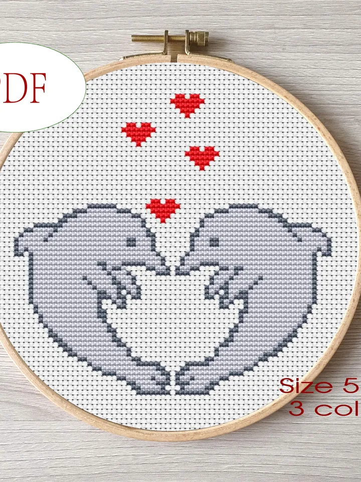 Two dolphins in love pattern pdf cross stitch, Easy embroidery DIY, small pattern for Valentine's Day