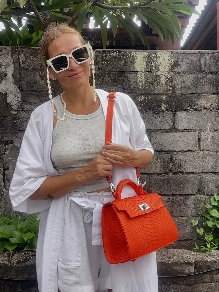 Top handle orange classy genuine python skin bag | exotic leather bags | Elegant women purse | snake skin bag | designer leather bag