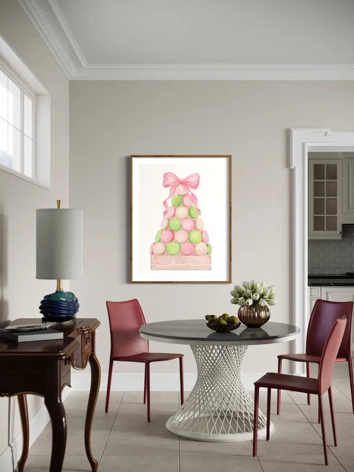 Pink Macaron Bow Print, Watercolor Painting, Pink And Mint, Bakery Painting, Bakery Pink Cupcake, Gift For Her, Watercolor Dessert, Pink Bow