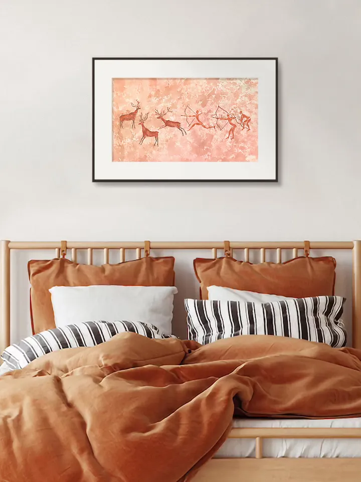 Deer hunting wall art | Original Pastel and Watercolor Artwork Ancient Cave Painting Style | Hunters Prehistoric art | Handmade Artwork | Archers stylization of rock art | Drawings of a prehistoric man