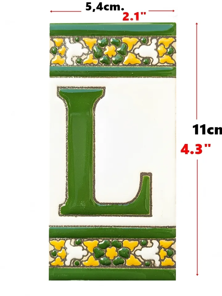 Ceramic letters and numbers 11cm (4.3") for the wall - Hand-glazed in Spain - "VERDE-FLORES" models - Ceramic letters number -