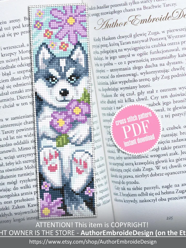 Dog bookmark cross stitch pattern PDF download Husky dog cross stitch chart, Pet bookmark pattern digital PDF, Dog lover bookmark #B466