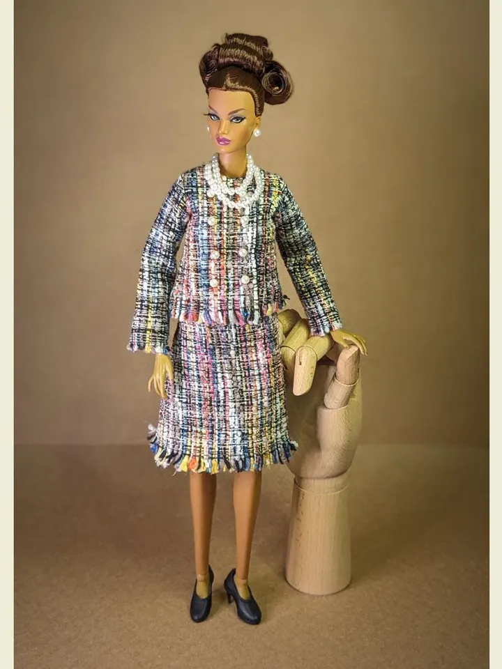 Handmade checked black & blue suit with pearl clasps for 16-inch Fashion Royalty dolls (FR16)