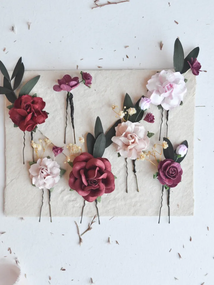 Burgundy Blush hair pins, Bridal hair pins, Floral hair pins, Bridesmaid hair pin, Set of hair pins, Floral hair pin