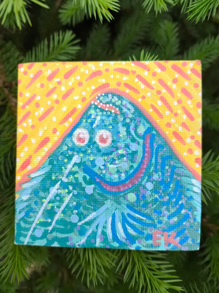 Funny Flounder Magnet Canvas (Funny flounder on a magnet canvas, kitchen decor, for the refrigerator, hand-painted, designer magnet)