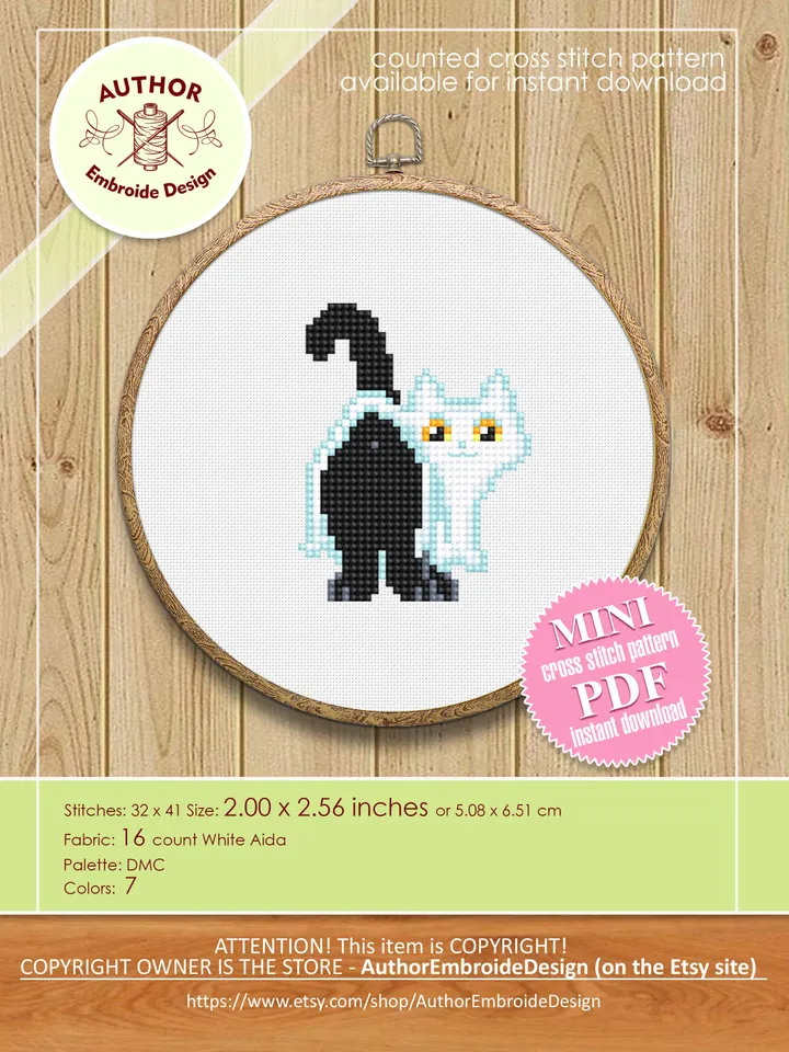 Set Halloween cats cross stitch pattern PDF download Cute black cat embroidery PDF, Funny home cat decor, Ghost cat cross stitch chart #H65