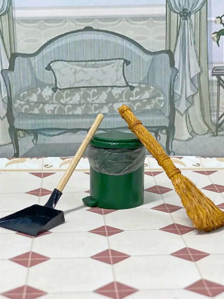 Household set for a dollhouse. Doll accessories, Broom, scoop, bucket.1:12