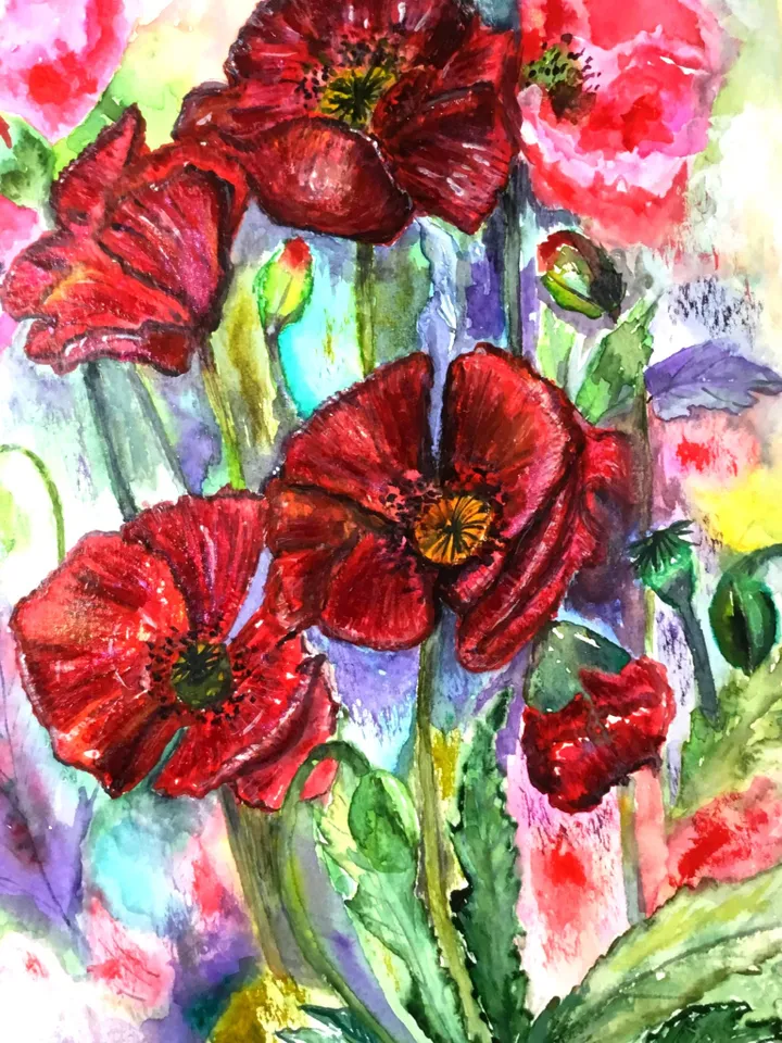 Poppies painting.Bright red flowers on abstract background ,watercolour original painting,framed.Gift for her.