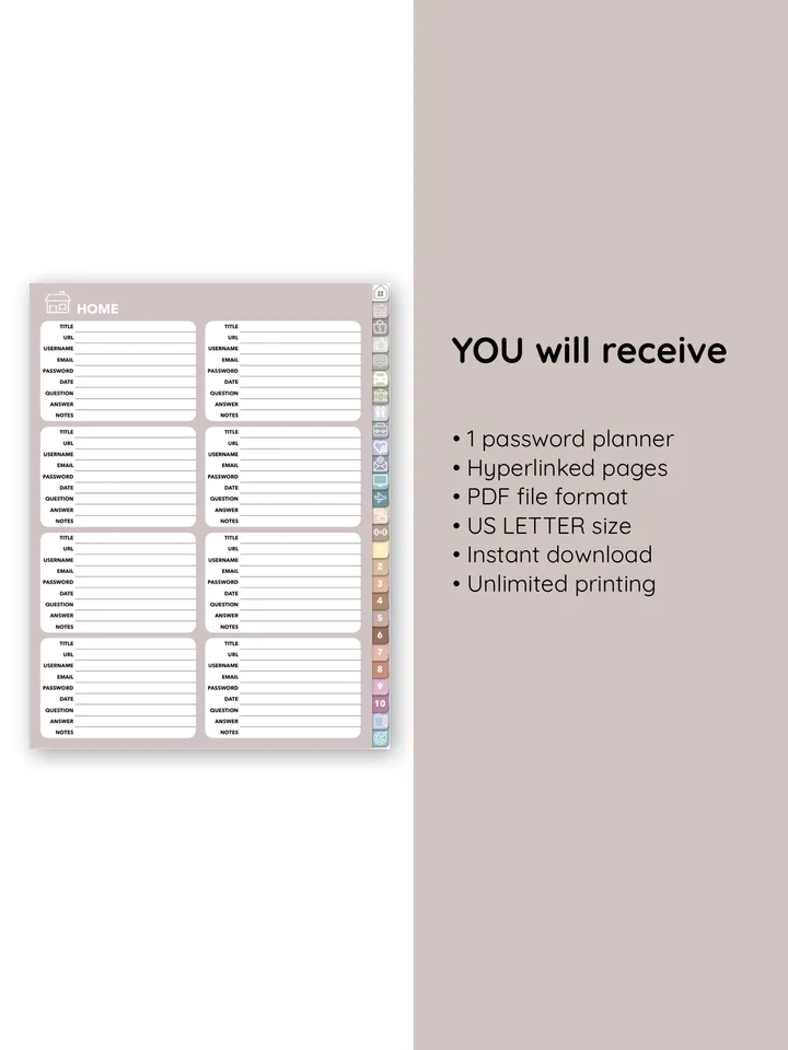 Digital password planner. Hyperlinked password tracker. Password Log. Password Organizer. Ipad password keeper.