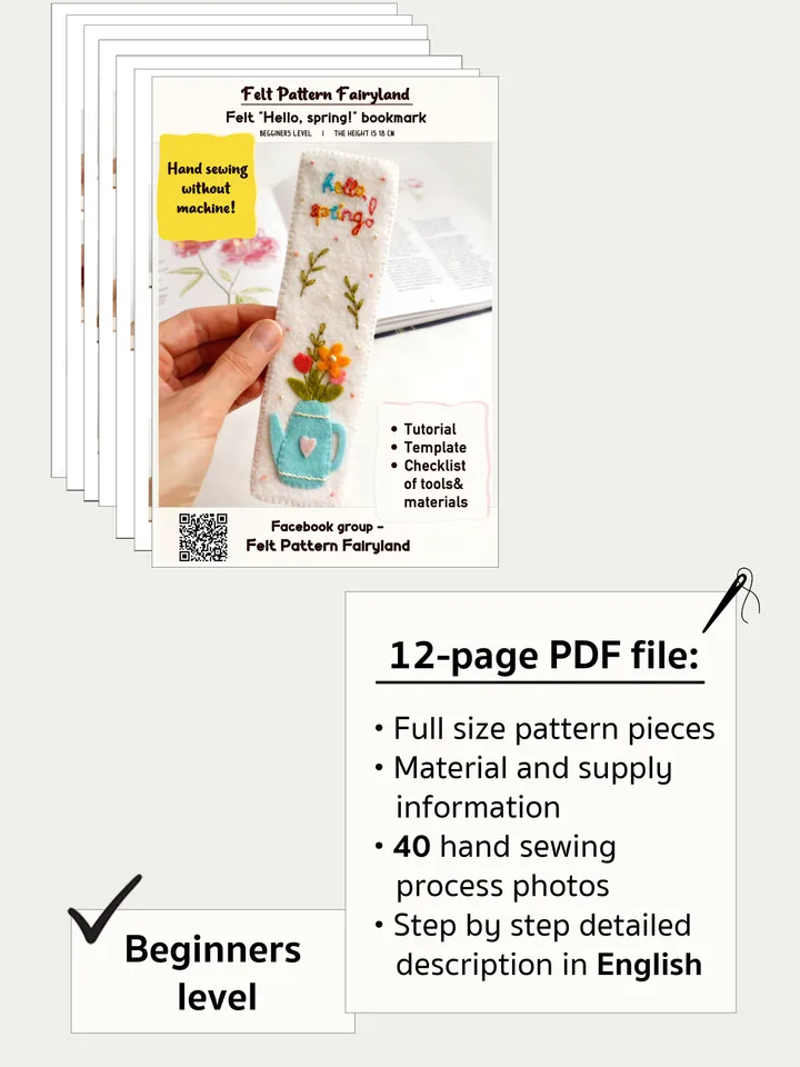Felt "hello, spring!" bookmark hand sewing PDF tutorial with patterns. DIY Easter ornament. Book lover gift. Felt school supplies