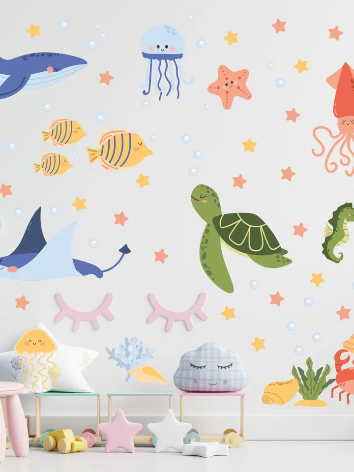 Ocean Animals Wall Decal Underwater Fish set Stickers Bathroom Decor Peel and stick Gift ek22