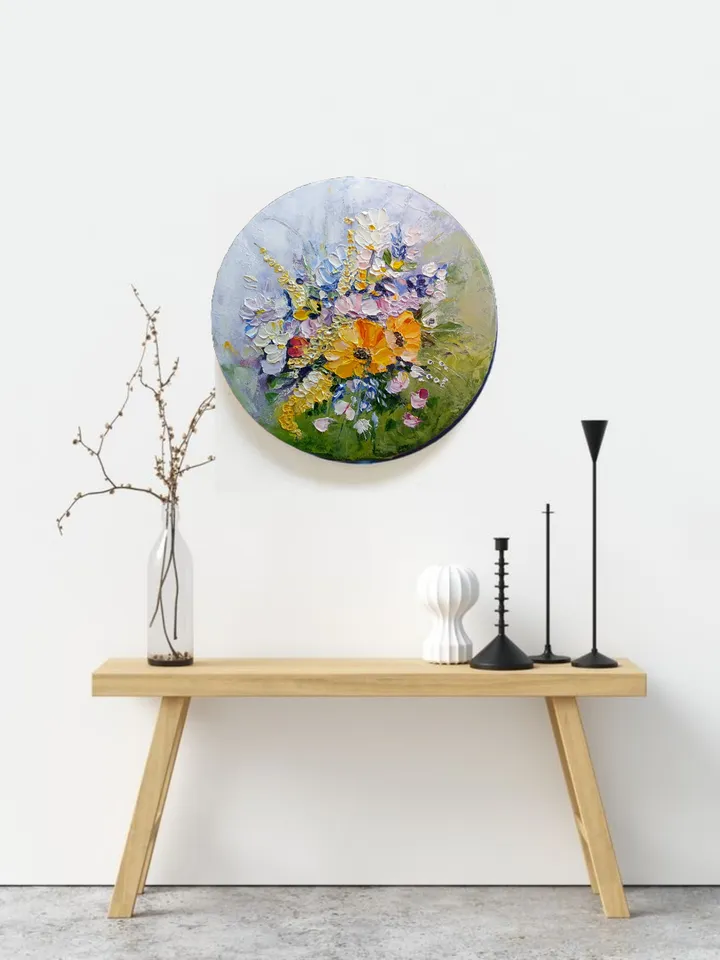 Oil painting on round canvas flowers 12x12 inches