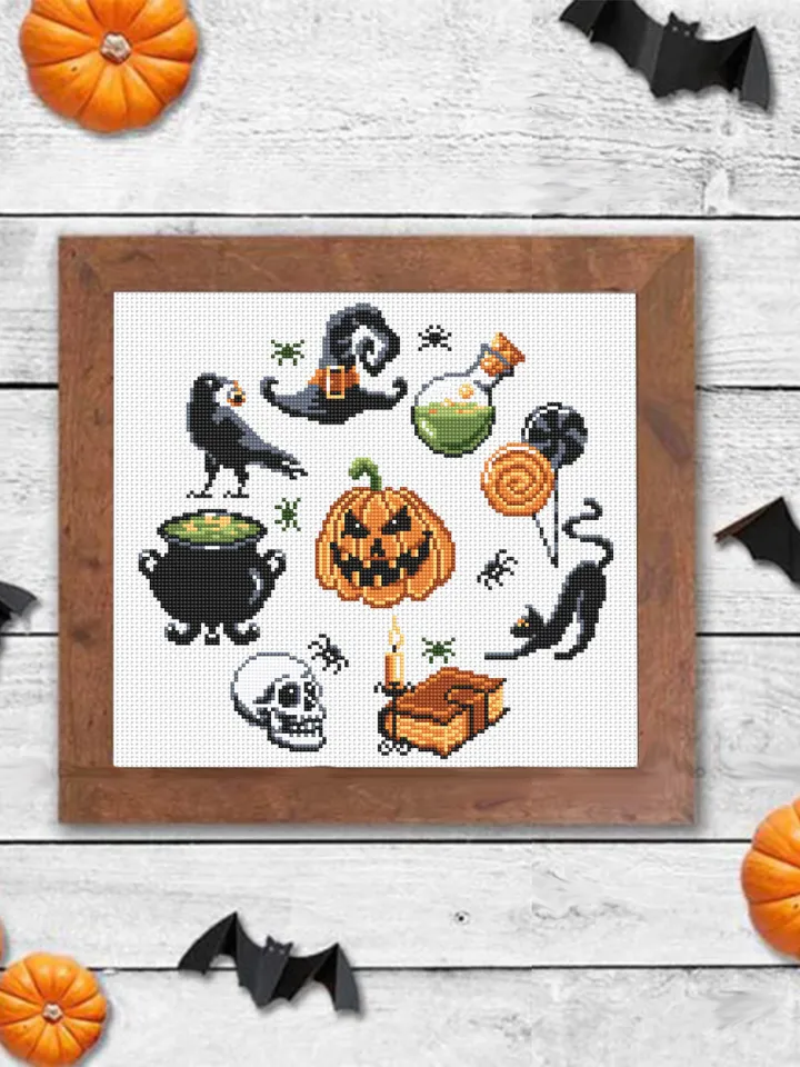 Halloween cross stitch pattern download PDF Beginner stitch Magic horror cross stitch Witch black cat stitch chart Halloween embroidery #H30