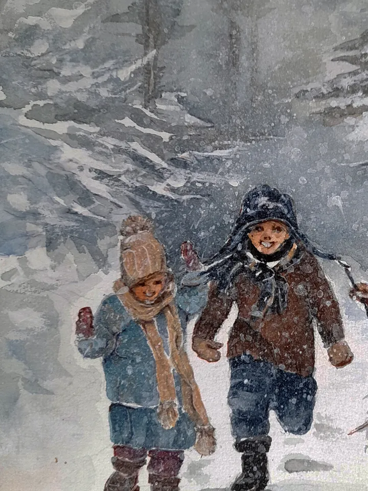 Watercolor painting. Carefree trio of kids. The Winter Fun series 21x30cm (8.3х11,7inches)