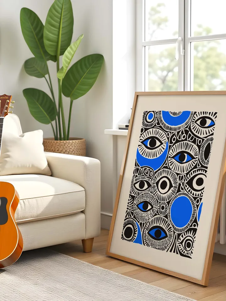Abstract Eye Collage Print, Surreal Eye Wall Art, Bold Blue Black Poster, Eclectic Eye Decor, Whimsical Illustration, Digital Download