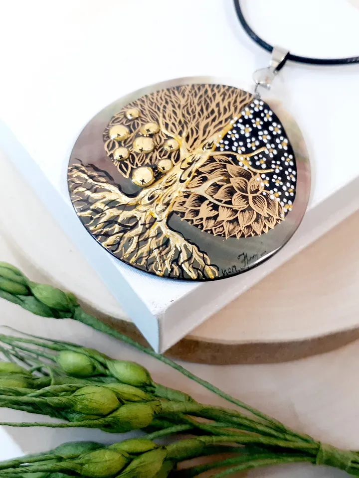 Beautifull Pendant "Tree of life"Mother-of-pearl Hand painted miniature painting magic of painting art jewelry Fedoskino Russian jewelry