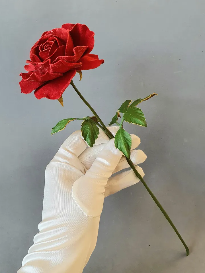 Red leather rose long stem 3th anniversary gift for her, Leather flower living room decor
