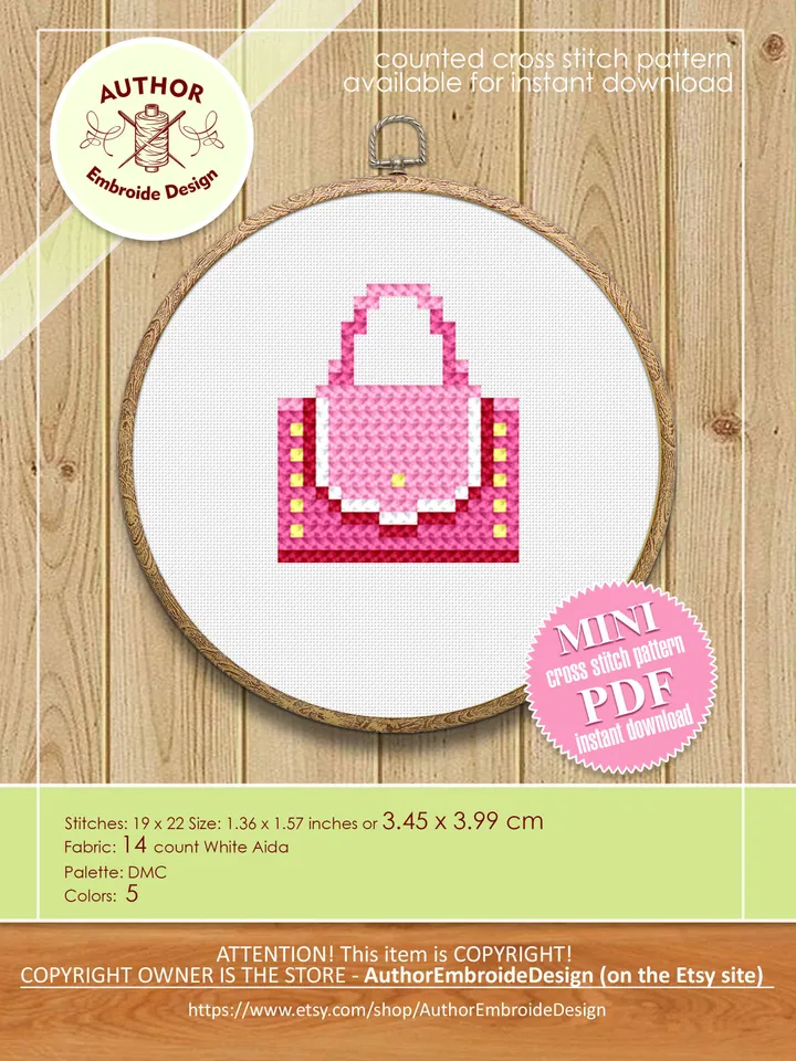 Small handbag cross stitch pattern download PDF, Mini cross stitch chart, Quick beginner stitch, Tiny hand embroidery PDF #O5
