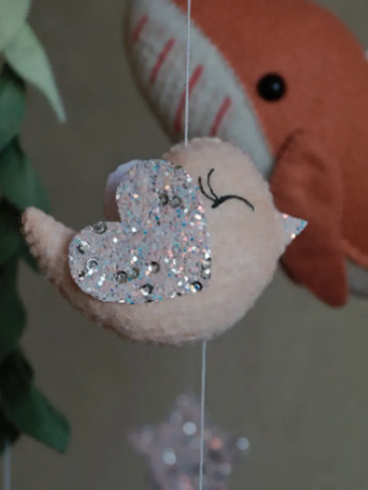 Whale mobile with rainbow and hanging flowers, ocean nursery for girl