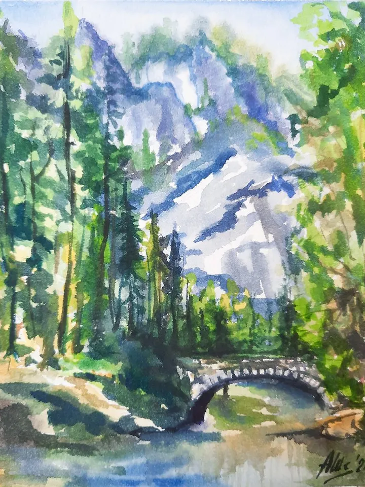 Bridge painting Original watercolor painting Mountain landscape Forest painting