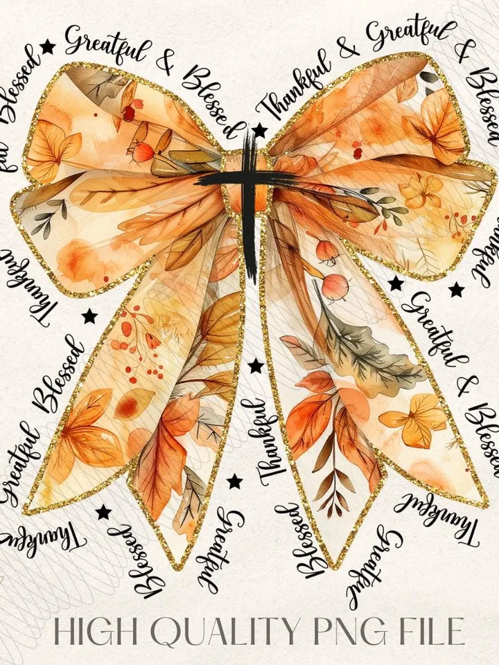Glitter thanksgiving coquette png, thankful grateful blessed png, Thanksgiving png,coquette fall png, Coquette Bow Fall Vibes, brushstroke