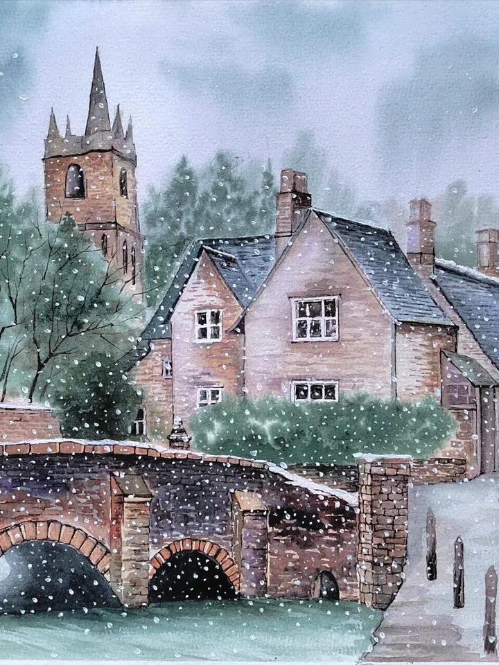 Winter Landscape Painting Original Watercolor Artwork Castle Combe Village Art 11.81x15.75 in by Art Café