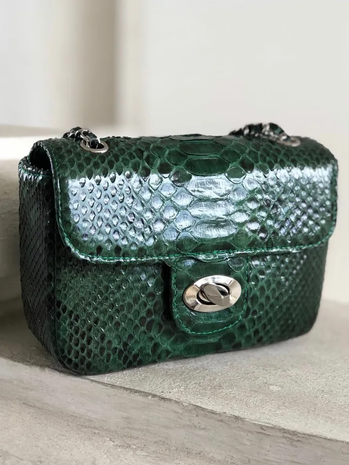 Dark green Crossbody Bag Genuine Python Skin | Adjustable Chain Classy Elegant snake Crossbody Small Lady Summer Bag | Python Purse