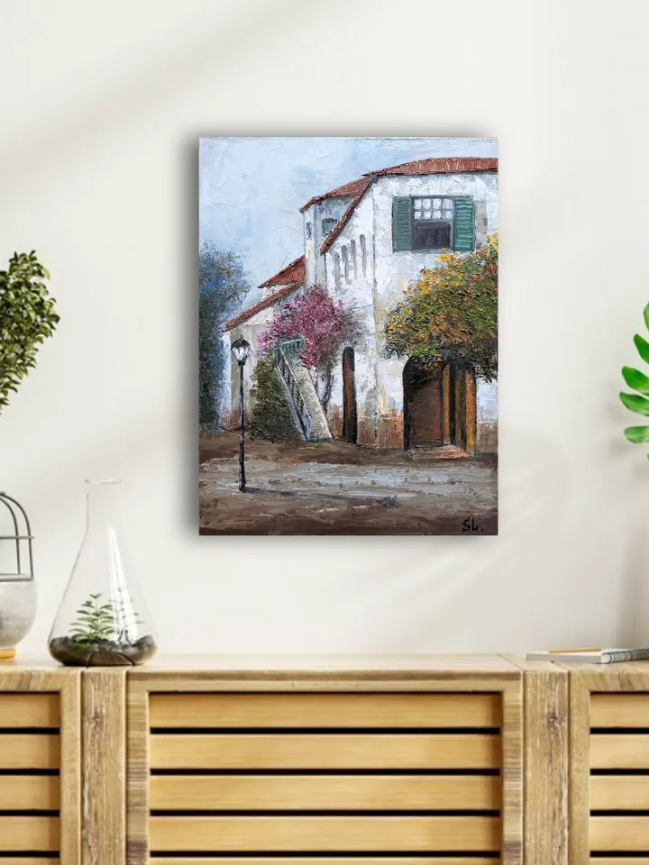 Oil Painting Old Houses, South Street, White House, Flowering Bush, Original Painting Reproduction 16x12 inches.