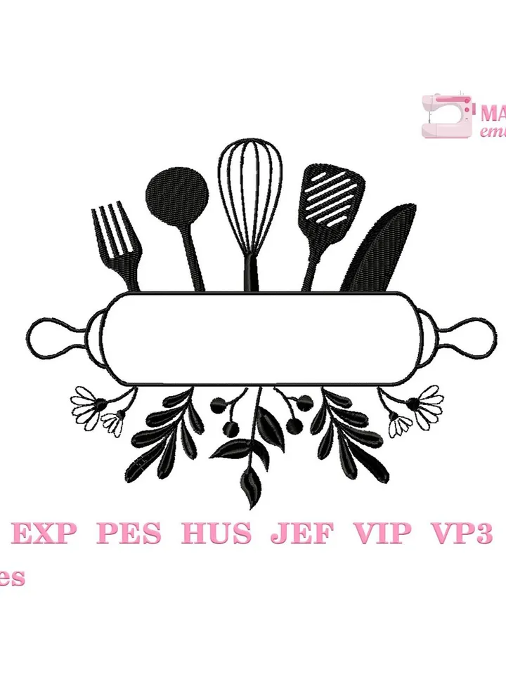 Kitchen utensils split frame machine embroidery design 3 sizes, Baking tools embroidery pattern, Cooking embroidery files, Apron design #R5