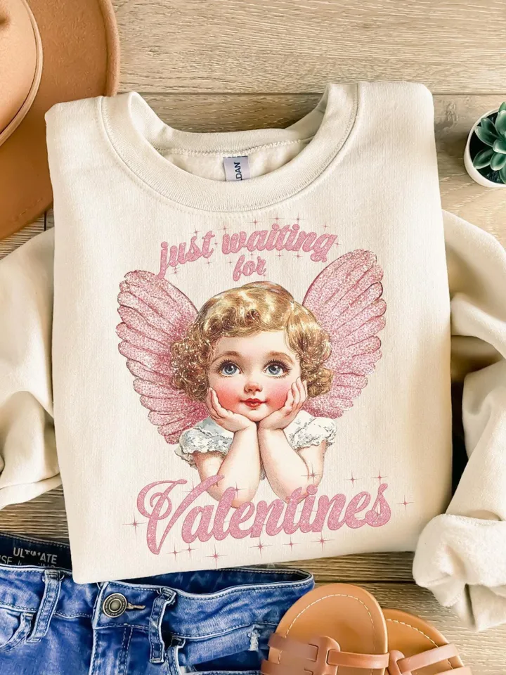 Just Waiting For Valentine's Png, Retro Valentine Shirt Design, Gold Glittered Cupid, Valentine's Day Png, Valentine Love Png Digital