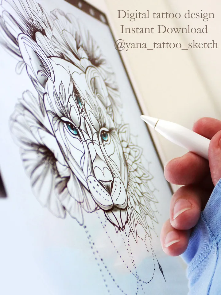 Lioness Tattoo Designs Female Lioness Tattoo Sketch With Flowers Geometric Tattoo Sketch, Instant download PDF, JPG, PNG