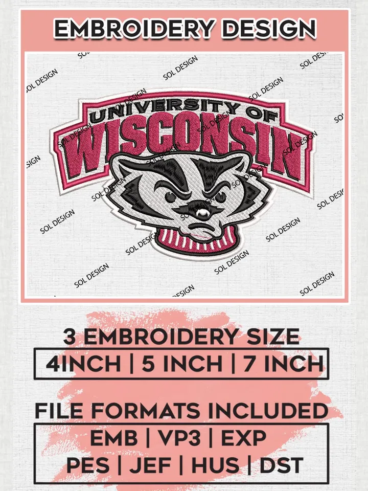 NCAA Wisconsin Team Logo Machine Embroidery Design, NCAA Wisconsin Badgers Team Design Design files, NCAA Team Embroidery Designs, NCAA Machine Embroidery Designs, Digital Download