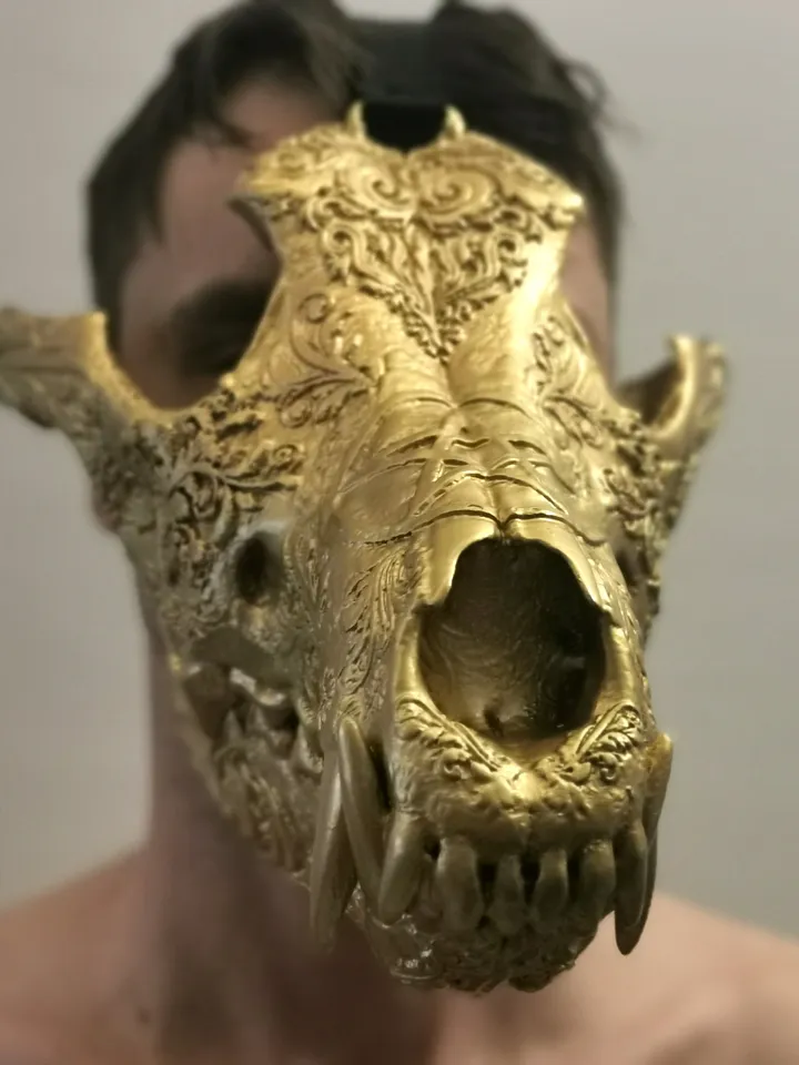 Golden Wolf Skull Mask, Pattern Mask, burning man mask, custom cosplay mask, cosplay face mask, shamanic mask, pagan mask, ritual mask