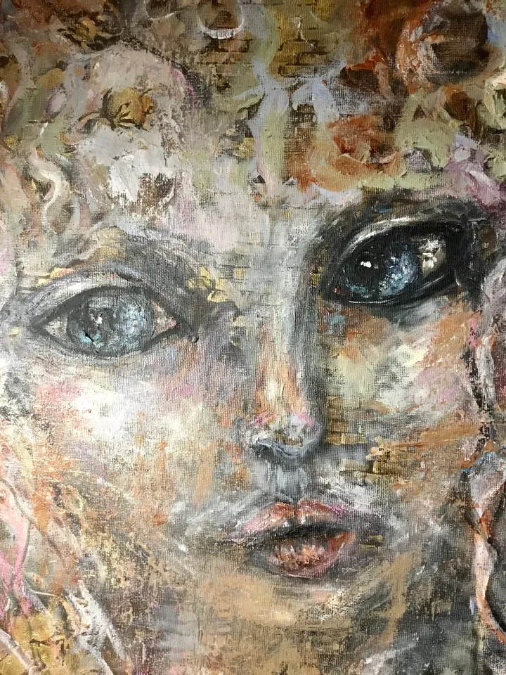 Fantasy woman-cat original acrylic mix media painting on canvas,one of a kind.