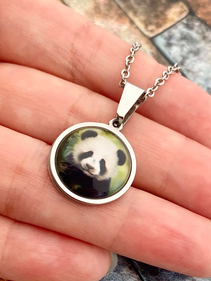 Panda necklace, steel pendant with glass, Panda lover gift